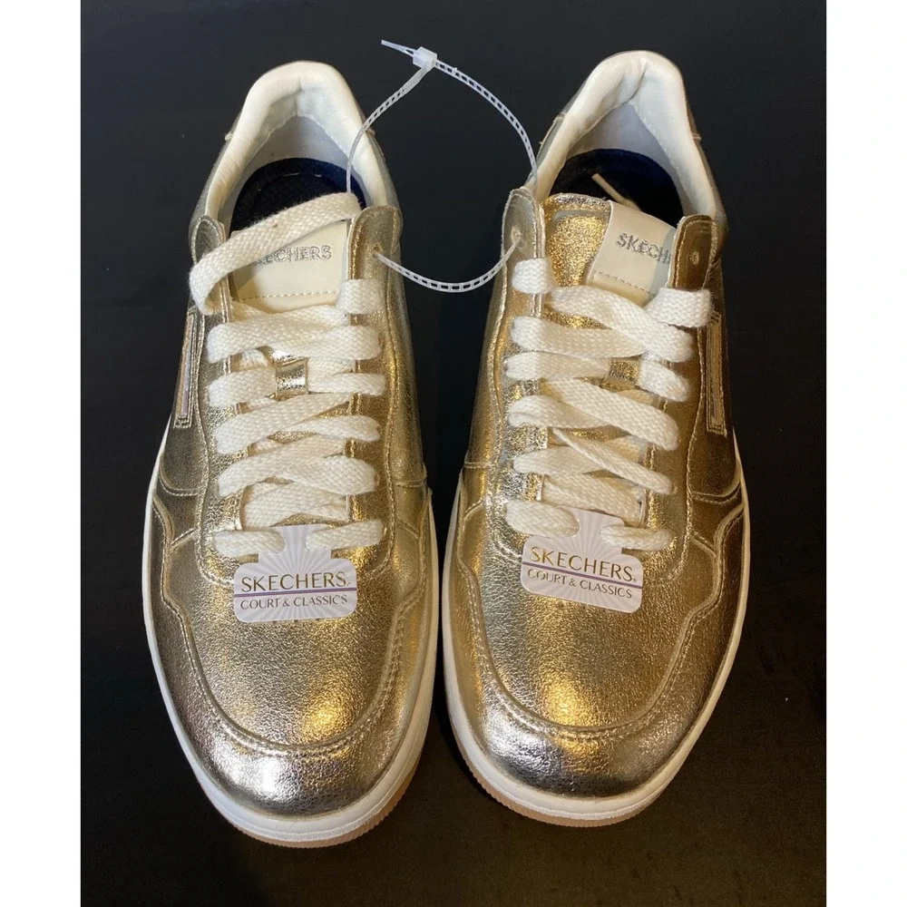 Skechers Women's Sport Court 2.0-Much Metallic Sneaker Size 9.5 Solid Gold Shiny